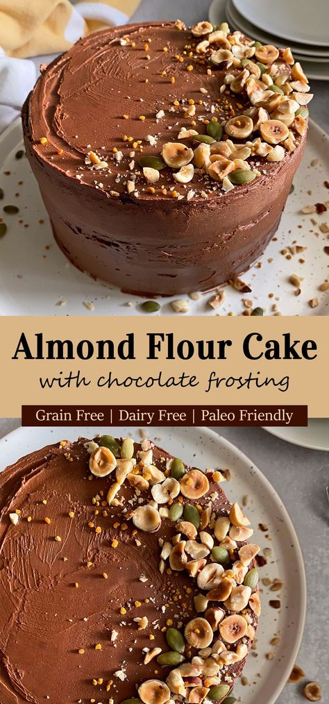 This homemade Paleo vanilla cake is made with almond flour and covered in a dark chocolate frosting. It is grain free, dairy free and refined sugar free - perfect as a healthy Paleo birthday cake or celebratory dessert. #almondflourcake #birthdaycake #paleocake #grainfreecake #vanillacake Paleo Caramel Cake, Paleo Bundt Cake, Grain Free Cake Recipe, Gluten Free Dairy Free Chocolate Cake, Sugar Free Birthday Cake Recipe, Whole 30 Birthday Cake, Vegan Almond Cake Recipe, Aip Birthday Cake Recipes, Paleo Vanilla Cake