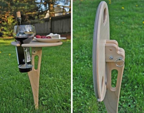 Wine Glass Holder Diy, Outdoor Drink Holder, Wine And Snacks, Wine Picnic Table, Outdoor Wine Table, Beer Table, Folding Picnic Table, Round Cocktail Tables, Wine Table