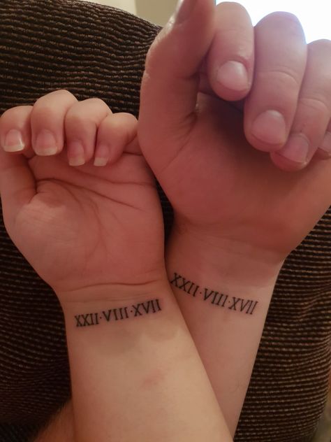 Matching wedding date tattoo. Roman numerals. Tattoo Ideas Numbers Roman Numerals, Matching Tattoos Couples Roman Numerals, Birthday Date Tattoos Roman Numerals, Roman Numerals Couple Tattoo, Wedding Date Tattoo Ideas Roman Numerals, Couples Roman Numeral Tattoo, Matching Couple Tattoos Wedding Date, Birth Date Tattoo Ideas, Wedding Date Tattoo