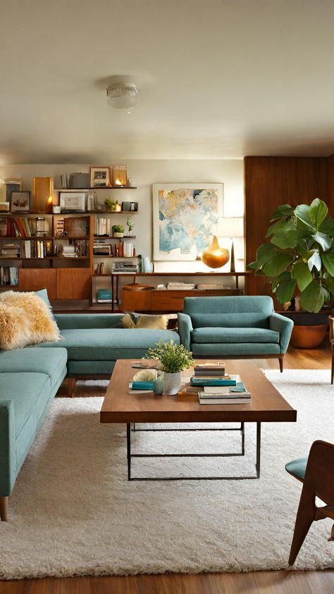 Shop mid century modern living room design. Midcentury Modern Blue Couch, Mid Century Modern Cool Tones, Simple Mid Century Modern Living Room, Light Mid Century Modern Living Room, Mid Century Modern Cabin Living Room, Mcm Couch Living Room, Mid Century Modern Lounge Room, Blue Mid Century Modern Living Room, Mid Century Modern Living Room Inspiration