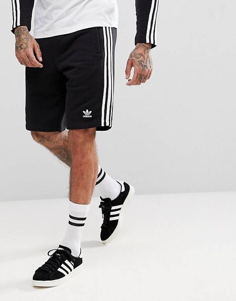 adidas Originals adicolor 3 Stripe Shorts In Black CW2980 Adidas Men Outfit, Adidas Shorts Outfit, Black Adidas Shorts, Mens Sweat Shorts, Mens Shorts Outfits, Pants Outfit Men, Smart Shorts, Hype Clothing, White Nike Shoes