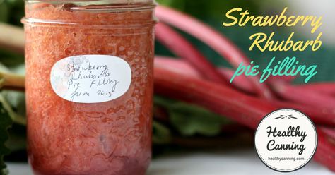 Delicious already-cooked pie filling makes throwing together a homemade pie the work of minutes. Each jar makes 1 pie. Width of the pie is your choice: 20 or 23 cm (8 or 9 inch). This is a lab-tested recipe from the Bernardin Guide to Home Preserving. We also have listed recipes for Strawberry Pie Filling and Rhubarb...Read More Rhubarb Ideas, Rhubarb Pie Filling, Strawberry Rhubarb Pie Filling, Healthy Canning, Pie Fillings, Canned Strawberries, Food Preserving, Canning Fruit, Rhubarb Desserts