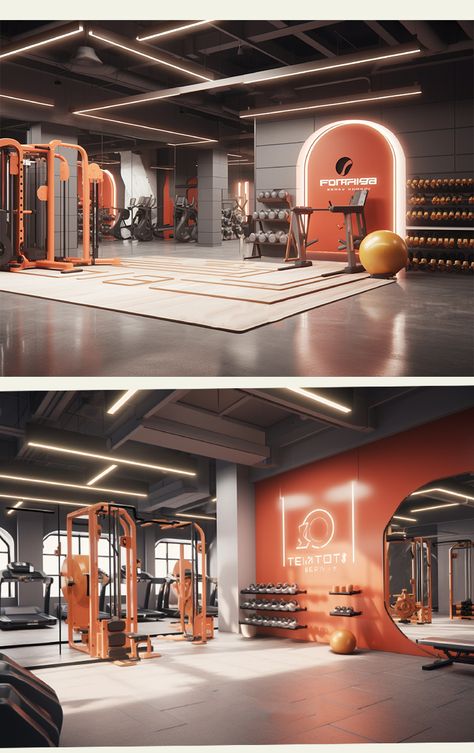 Gym Lounge Design, Orange Gym Interior, Reception Gym Interior Design, Aesthetic Gym Design, Commercial Gym Design Ideas, Office Gym Design, Private Gym Design, Commercial Gym Design Interiors, Boutique Gym Design Fitness Studio