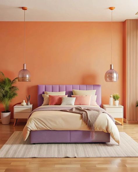 Home decor ideas, bedroom interior design #bedroomideas #bedroomdecor #bedroom #homedecor #modernhouse #homedesign #interiordesignideas Lilac And Orange Bedroom, Lilac Room, Lilac Bedroom, Home Decor Ideas Bedroom, Decor Ideas Bedroom, Living Room Orange, Bedroom Orange, Orange Walls