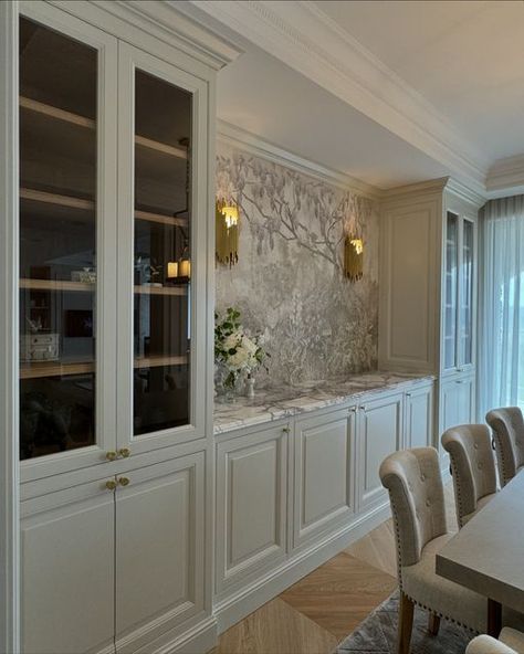 Built In Buffet Dining Room With Window, Dining Room Custom Built Ins, Dining Room Wall Cabinets Built Ins, Formal Dining Room Built Ins, Built In Credenza Dining Rooms, Living Room Designs French, Dining Room Bar Built In, Kitchen Cabinets Into Dining Room, Dinning Room Storage