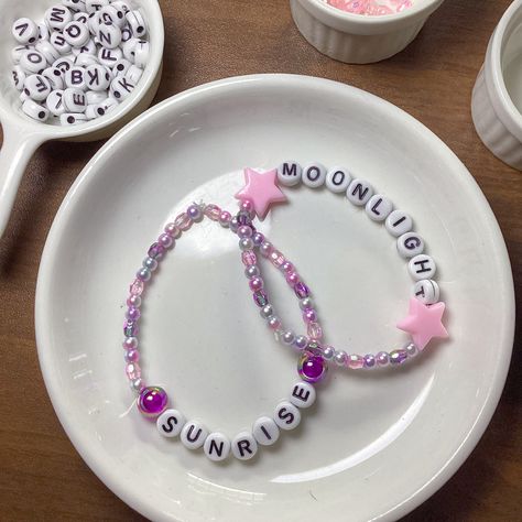 moonlight sunrise, bracelets, kpop, twice themed, beads Kpop Friendship Bracelets, Twice Bracelet, Moonlight Sunrise, Bracelet Inspo, Bracelet Ideas, Matching Accessories, Matching Bracelets, Clay Beads, Friendship Bracelets