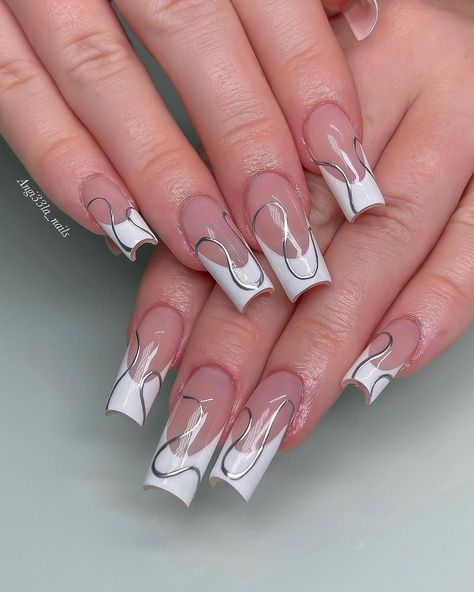 🫧🦋Angela | DALLAS NAIL TECH |🦋🫧 (@angi33la_nails) • Instagram photos and videos Silver Winter Nails, French Acrylic Nail Designs, Silver French Tip Nails, Silver Tip Nails, Silver French Tip, White Gel Polish, Blue Matte Nails, Blue And Silver Nails, Natural Nails Manicure