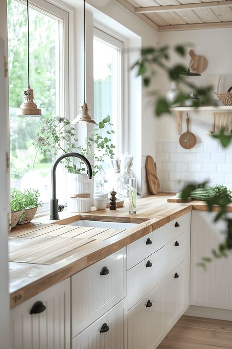 Scandinavian Kitchen Secrets: Transform Your Space with These Simple Steps Natural Decor Kitchen, Classic Scandinavian Kitchen, Modern Scandinavian Farmhouse Kitchen, Scandinavian House Decor, Kitchen Glow Up, Kitchen Renovation Before And After, Simple Kitchen Renovation, Scandinavian Kitchen Renovation, Warm Minimalist Kitchen