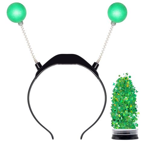 PRICES MAY VARY. INTERGALACTIC ALIEN HEADBANDS: Elevate your costume game with our Martian-inspired headwear! Each set includes a mesmerizing light up green alien antenna headband and 10g of chunky, green holographic glitter. Get ready to shine at any space-themed event! SPARKLY ALIEN ANTENNA: Stand out from the crowd with our sparkly light up alien headpiece! The light up green glitter adds an irresistible glow to your outfit, featuring stars, dust, and hexagons for an otherworldly shine. Perfe Cosmic Costume, Alien Antenna, Alien Outfit, Alien Birthday, Alien Headband, Space Costume, Antenna Headband, Alien Halloween Costume, Green Martian