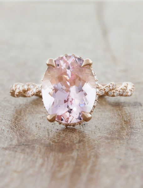 Matilda - Morganite Morganite Rings, Morganite Engagement Ring Oval, Unique Engagement Rings Rose Gold, Rose Gold Halo Engagement Ring, Twisted Band Ring, Pink Engagement Ring, Rose Gold Diamond Ring Engagement, Oval Diamond Engagement, Oval Diamond Engagement Ring