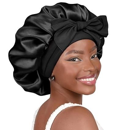 Amazon.com: YANIBEST Satin Bonnet Silk Bonnet for Sleeping Double Layer Satin Lined Black Hair Bonnet with Tie Band Bonnets for Women Natural Curly Hair : Clothing, Shoes & Jewelry Satin Bonnet Sleep, Sleep Hairstyles, Silk Bonnet, Satin Bonnet, Amazon Favorites, Hair Bonnet, Black Curly Hair, Curly Hair Women, Silk Hair