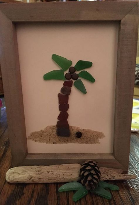 Sea glass palm tree made from locally sourced materials from the beaches on the Isle of Wight.this picture measures 6.5” X 8.5”.will be well packed for transit.thanks for looking and happy shopping. :) Beach Glass Projects, Sea Glass Diy, Sea Glass Artwork, Sea Glass Projects, Tree Mosaic, Sea Glass Art Projects, Sea Glass Ideas, Beach Glass Crafts, Seaglass Art