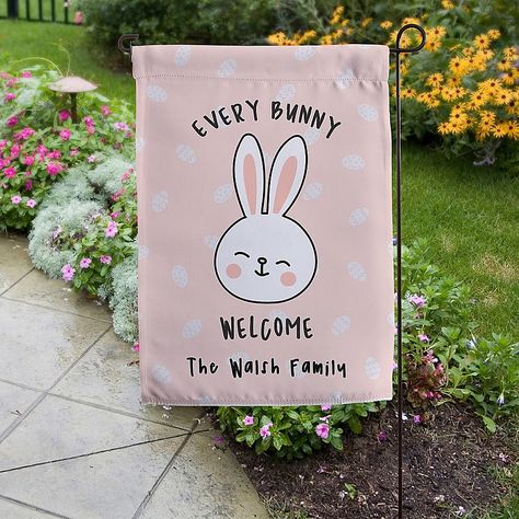 Personalizationmall "every Bunny Welcome" Garden Flag - Add a festive look to your home for Easter with an "Every Bunny Welcome" House Flag. Showcasing a cute bunny and a pleasant greeting on a pattern of Easter eggs in the background, it can be personalized with a name and choice of color. Easter Puns, Bunny Family, Personalization Mall, Easter Garden, Personalized Easter Bunny, Garden Flag Stand, The Easter Bunny, Easter Greetings, Easter Design