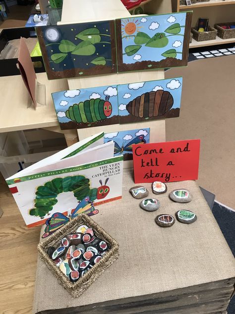 Book Provocations Kindergarten, Literacy Corner Preschool, Minibeasts Eyfs, Eric Carle Classroom, Play Based Classroom, Book Area, The Very Hungry Caterpillar Activities, Reading Corner Classroom, Hungry Caterpillar Activities