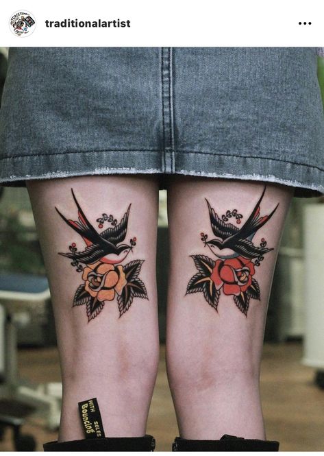 American Traditional Tattoos Tricep, American Traditional Colour Tattoos, Old School Tattoo Thigh, Women Back Of Leg Tattoo, American Traditional Self Love Tattoo, Back Of Thigh Tattoo Traditional, American Traditional Thigh Piece, Traditional Tattoo Ribs, Traditional Hip Tattoos Women