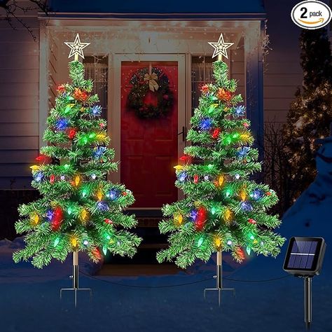 ReyeeInc Solar Christmas Trees with Lights, 1000mA Solar Powered Waterproof 3.6FT Outside Xmas Tree Stake with 100 LEDs and 8 Modes for Unique Outdoor Yard Pathway Garden Grave Decorations (2 in 1) - Amazon.com Porch Xmas Tree, Outdoor Xmas Tree, Solar Christmas Decorations, Trees With Lights, Solar Christmas Tree, Pathway Garden, Xmas Tree Lights, Grave Decorations, Outdoor Christmas Tree