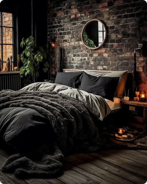 Black Limewash Bedroom, Black Rustic Bedroom, Emerald Bedroom, Dark Home Aesthetic, Brick Interior Design, Chocolate Bedroom, Brick Wall Bedroom, Brick Room, Brick Interior