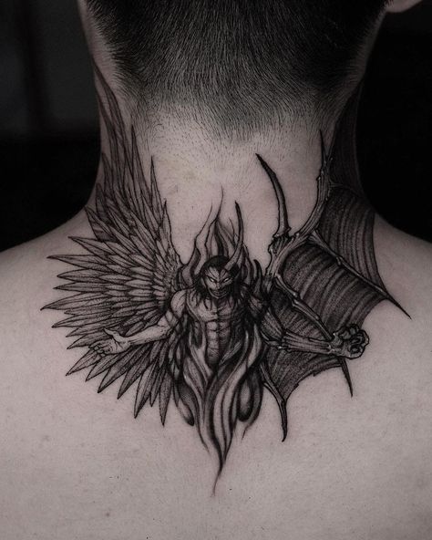 35 of the most glorious neck tattoos! - Body Artifact Occult Back Tattoo, Dark Neck Tattoo Men, Spooky Neck Tattoo, Demon Neck Tattoo, Dark Shoulder Tattoo, Devil Back Tattoo, Spiritual Neck Tattoo, Shoulder And Neck Tattoo, Demonic Tattoos For Men