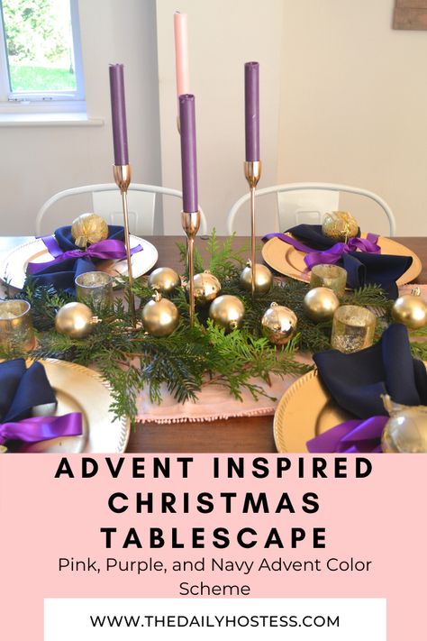 Tablescape Tuesday: Advent Colors - The Daily Hostess Advent Table Decor, Advent By Candlelight Table Ideas, Advent Table Decorations, Navy Blue Table Decor, Advent Colors, Advent Wreath Ideas, Advent Themes, Blue Table Decor, Christmas Arch