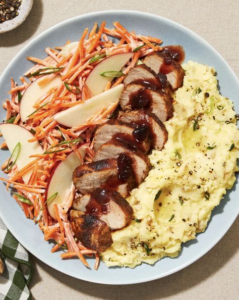 Easy pork recipe with apple-carrot slaw, mashed potatoes, and cherry sauce | More recipes on www.HelloFresh.com Hello Fresh Pork, Easy Pork Recipe, Hello Fresh Dinners, Apple Pork Tenderloin, Carrot Slaw, Cherry Sauce, Apple Slaw, Hello Fresh Recipes, Slaw Recipes