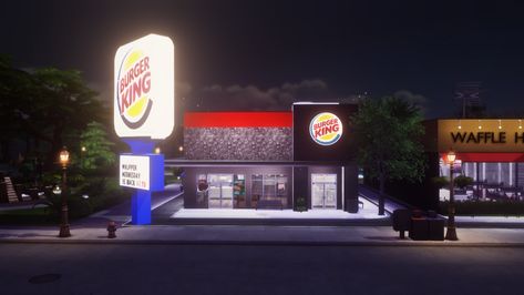 Sims 4 Burger King, Burger King Exterior, Sims 4 Fast Food Delivery Mod, Sims 4 Dine Out Restaurant, Sims 4 Cc Restaurant Lots, Sims 4 Restaurant, Tumblr Sims 4, Burger King, Sims 4 Build