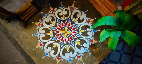 Bengali Festival based floral design Alpona Colourful, Alpona Design Colourful, Colourful Alpona, Bangla Art, Diwali Special Rangoli Design, Alpona Design, Big Rangoli, Wedding Background Decoration, Wall Art Diy Paint