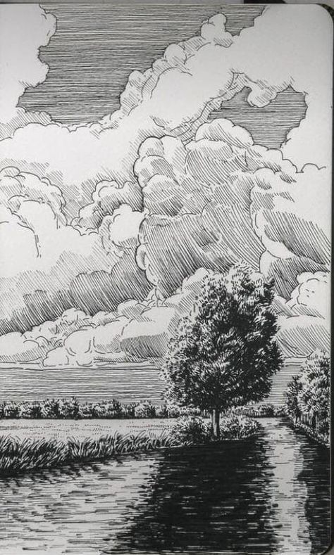 Pen And Ink Clouds, Fineliner Landscape, Rapid Drawing, Tank Drawing, Pen Art Drawings, Landscape Sketch, Architecture Drawing Art, Cloud Art, Cloud Drawing