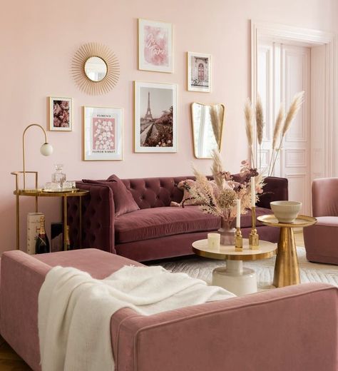 Goddess Living Room, Frames For Living Room, Pink Living Room Walls, Pink Couch Living Room, Trendy Gallery Wall, Sims Rooms, Glam Interior, Suite Decor, Traditional Glam