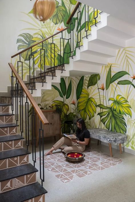 Staircase Mural, Simple Bed Designs, Staircase Interior Design, Stair Wall, Palm Leaf Wallpaper, Stair Case, Home Stairs Design, Casa Container, Inspire Me Home Decor