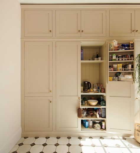 Kitchen Cabinets Floor To Ceiling, A Frame House Interior, Kitchen Cupboard Colours, Wall Pantry, Kitchen Cabinets To Ceiling, Zara Mcdermott, Painted Pantry, Cabinets To Ceiling, Kitchen Pantry Cupboard