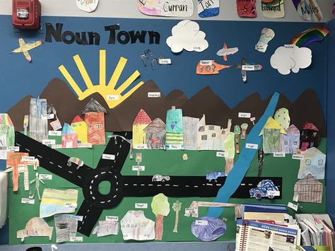 1st graders created their own Noun Town. Noun Town Project First Grade, Noun Town 2nd Grade, Noun Town First Grade, Noun Town Project, Noun Town, Nouns Kindergarten, English Charts, 2nd Grade Grammar, Reading Stations