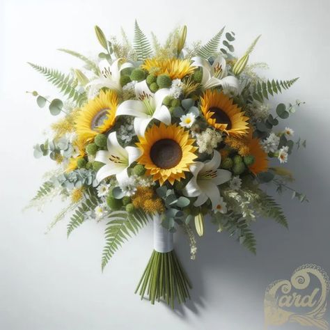 https://card9.com/ai/yellow-sunflower-wedding-bouquet Sunflower And Lily Bouquet, Sunflowers And Lilies, Sunflower Wedding Bouquet, Mini Sunflowers, Bridal Sunflowers, Sunflower Bouquet, Lily Bouquet, Sunflower Bouquets, Cascade Bouquet