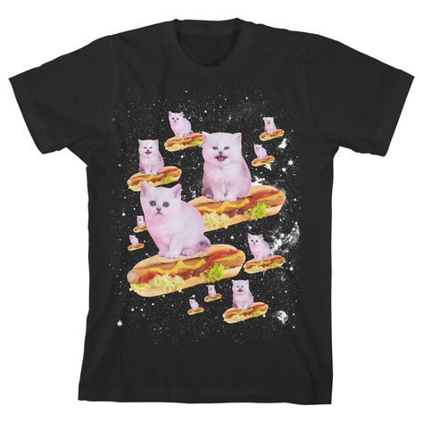 Do you need a black space cat t shirt screen printed with fluffy white kittehs riding fully loaded hot dogs through a starry galaxy? No. Do you want one? Yes. Honestly, that's reason enough to buy this Generic Hot Dog Kitty Tee, but we'll seal the deal for you: The cotton on this cat t-shirt is pre-shrunk, so it'll never shrink in the dryer. Boom. Done. You're welcome. Silly Clothes, Silly Shirt, Screen Printed Tshirts, Pug Shirt, Cat Tee, Space Cat, Dog T Shirt, Cat T, Cat Shirts