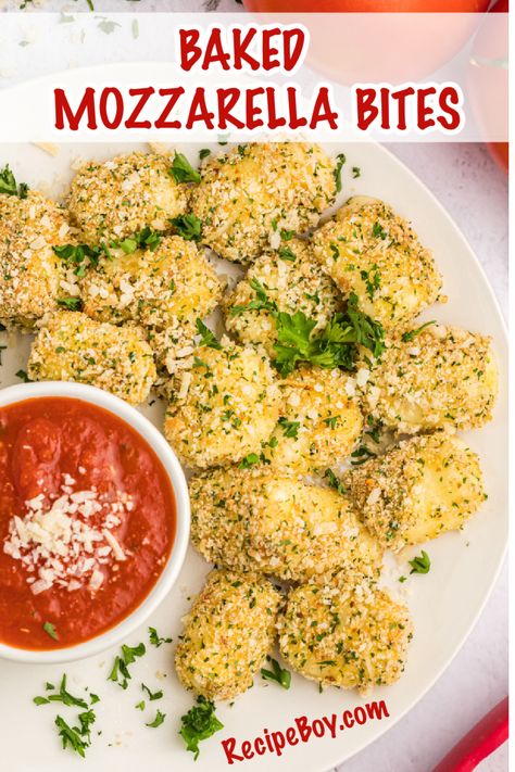 Baked Mozzarella Bites recipe from RecipeBoy.com Mozzarella Balls Recipe, Mozzarella Bites, Gameday Recipes, Baked Mozzarella, Mozzarella Balls, Viral Recipes, Starter Recipes, Mozzarella Recipes, Light Appetizers