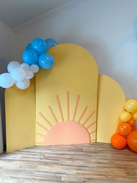 here comes the sun baby shower backdrop Sun Baby Shower Theme, February Baby Showers, Jordan Baby Shower, Angel Baby Shower, Here Comes The Son, Sherwin Williams Paint, Sunshine Baby Showers, Baby Shower Theme Decorations, Baby Boy Announcement