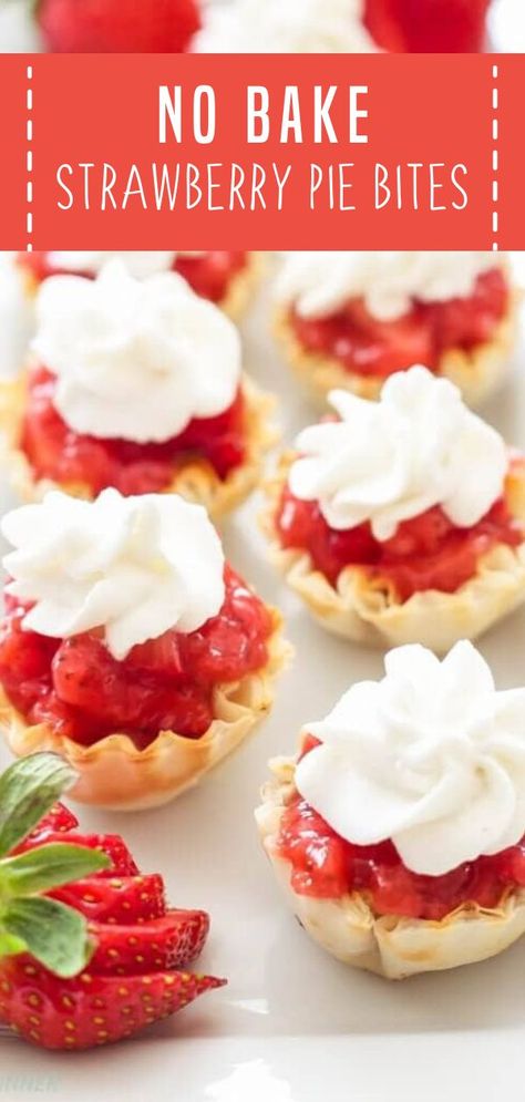 The perfect way to have your spring season food without turning on the oven! No Bake Strawberry Pie Bites are just the right size to satisfy your sweet tooth. Simply make the filling of this healthy spring recipe on a stovetop and spoon it into pre-baked phyllo shells! No Bake Strawberry Pie, Baked Strawberry Pie, Phyllo Shells, Picnic Desserts, Bbq Desserts, Fresh Strawberry Pie, Spring Recipe, Spring Treats, Pie Bites