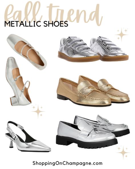 Fall shoe trend you want to try this year, metallics! You’ll find them in sneakers, kitten heels, penny loafers, sling backs, Mary Janes, and more! Comment SHOP below to receive a DM with the link to shop this post on my LTK ⬇ https://liketk.it/4SIop #ltkstyletip #ltkseasonal #ltkshoecrush Fall Shoe Trends, Fall Shoe, Shoe Trend, Shoes Too Big, Queen Fashion, Metallic Shoes, Trending Boots, Fits Clothes, Shoe Trends