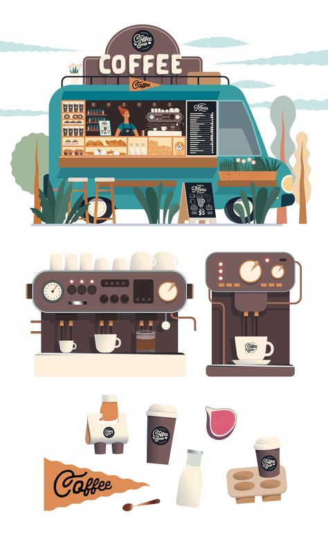 Map Illustrations, Shop Vector, Coffee Truck, Coffee Illustration, Isometric Art, Shop Illustration, Truck Design, Interaction Design, Flat Illustration