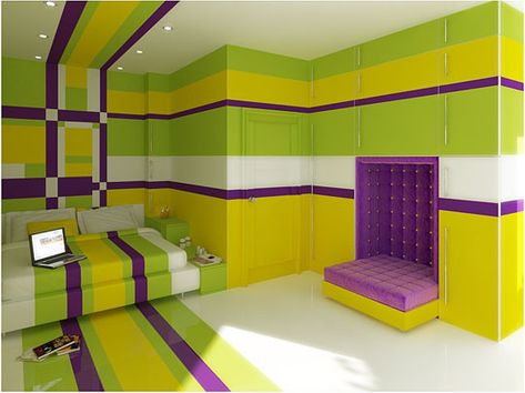 lime and purple bedroom 2 Purple And Yellow Bedroom, Yellow Bedroom Decor, Wall Color Combination, Painted Beds, Bedroom Color Combination, Purple Bedrooms, Purple Color Schemes, Purple Bedroom, Yellow Room