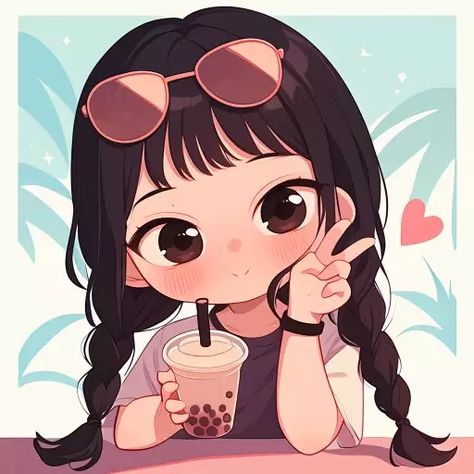 Anime Drinking Boba, Pfps Brown Hair, Anime Drinking, Chibi Girl, Brown Hair, Cute Drawings, Drawings, Anime, Hair