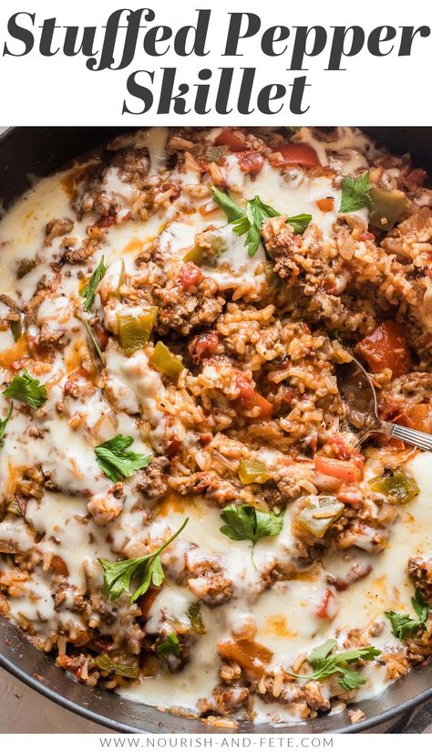 This easy ground beef Stuffed Pepper Skillet has all the cozy flavors of traditional stuffed peppers -- tender rice, healthy veggies, and creamy mozzarella -- but made in one pan in about 30 minutes. Weeknight dinner perfection! Stuffed Peppers Skillet, Stuffed Pepper Skillet, Pepper Skillet, Unstuffed Peppers, Stuffed Peppers Beef, Easy Skillet Meals, Stuffed Pepper, Dinner With Ground Beef, Ground Beef Recipes Easy