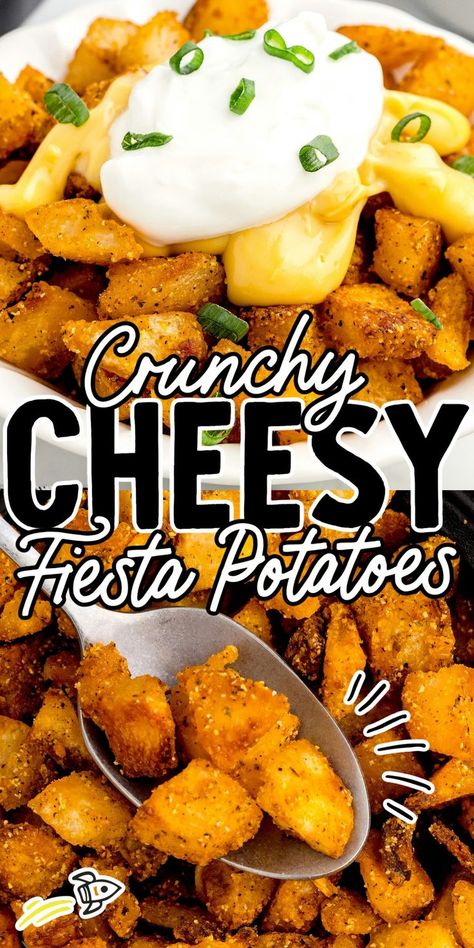 Cheesy Fiesta Potatoes Cheesy Mexican Potatoes, Taco Bell Cheesy Fiesta Potatoes, Cheesy Fiesta Potatoes, Fiesta Potatoes, Mexican Potatoes, Leftover Potatoes, Seasoned Potatoes, Nacho Cheese Sauce, Potato Bites