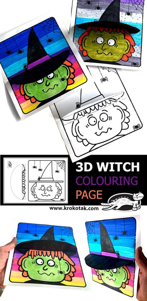 3D WITCH COLOURING PAGE Scary Halloween Crafts, Halloween Diy Kids, Diy Paper Christmas Tree, Paper Bat, Simple Holiday Cards, Witch Coloring Pages, Children Activities, Paw Patrol Coloring Pages, Autumn Activities For Kids