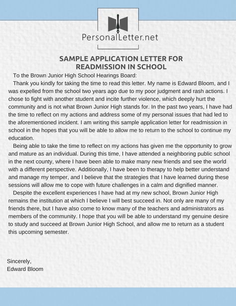 Get sample application letter for readmission in school by clicking on link http://www.personalletter.net/how-to-write-a-readmission-letter-for-school/ #college admission, #university admission, #admission requirements Motivational Letter, Admission Essay, University Admission, College Admission Essay, Application Letter, Persuasive Essay, College Application Essay, Application Letters, University Admissions