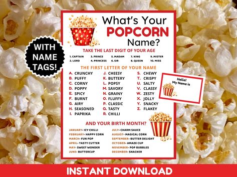 What's Your Popcorn Name Game With Name Tags Popcorn Name Sign, Popcorn Day, Popcorn Party Game, Popcorn Bar Baby Shower, Movie Night Game - Etsy Popcorn Theme Classroom, Movie Night Activities, 12th Birthday Party Ideas, Popcorn Day, Popcorn Theme, Diy Popcorn, Painting Birthday Party, Name Game, Backyard Movie Nights