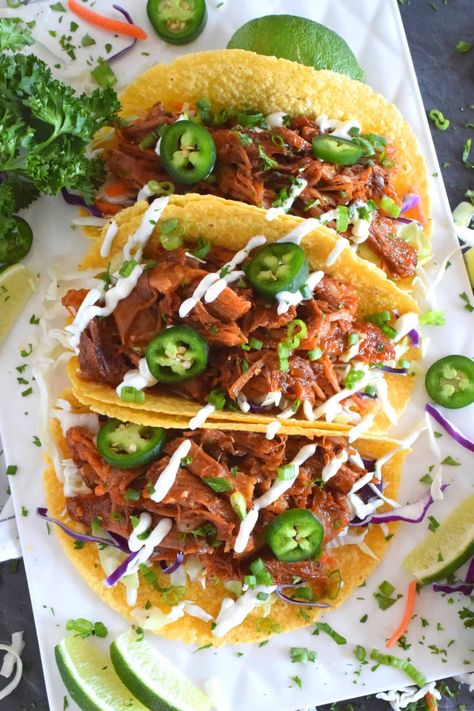 Moist and tender pork shoulder roast is braised in a rich and sweet tomato-based sauce with white wine, and brown sugar. The secret to these absolutely delicious Braised Pulled Pork Tacos is allowing the meat to cook slowly over low heat in a covered pan for multiple hours. Braising cannot be rushed and patience is greatly rewarded with just one bite of this deliciously savoury taco! Fruitcake Biscotti, Buttered Steak, Dill Coleslaw, Pickle Coleslaw, Feta Scones, Peking Pork, Shipwreck Casserole, Caramel Balls, Barbeque Beef