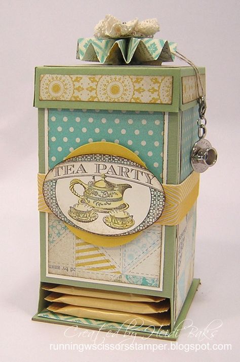 RunningwScissorsStamper: SCS Tutorial: Tea Bag Dispenser Box Tea Box Diy, Tea Bag Dispenser, Splitcoaststampers Tutorials, Diy Tea Bags, Dispenser Diy, Tea Crafts, Tea Ideas, Box Tutorial, Treat Holders