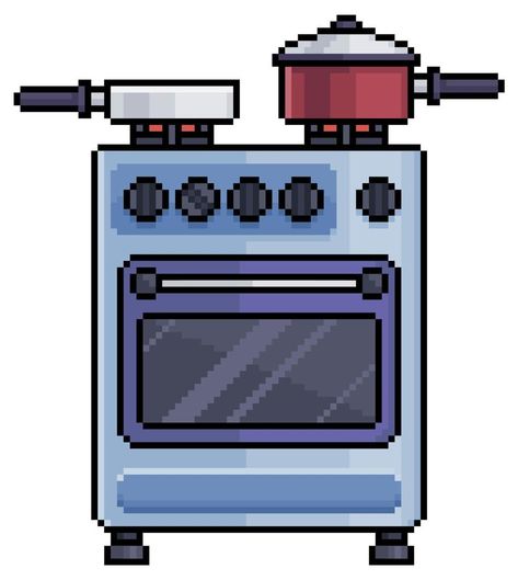 Pixel art stove with pans. Home furniture vector icon for 8bit game on white background Kitchen Pixel Art, Pixel Art Furniture, Pixel Furniture, Stove Drawing, Helper Chart, 8 Bit Art, Pixel Art Background, Art Aesthetics, 8bit Art