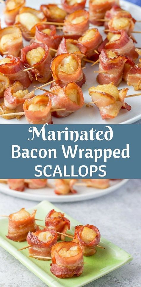 These marinated bacon wrapped scollops are so delicious that it's one of my top requested recipes! The marinade is sinfully good and goes fabulously with the scallops! #bacon #scallops #baconwrappedscallops #appetizer #dishesdelish #dishesdelishrecipes vi Marinade For Scallops, Scallop Marinade, Scollops Recipes, Scallops Bacon, Bacon Wrapped Scallops Recipe, Bacon Scallops, Scallop Dishes, Bacon Wrapped Scallops, Popular Appetizers