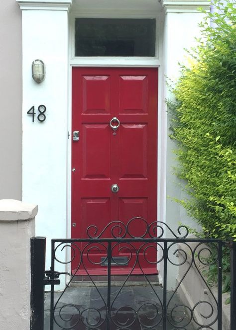 red front door paint color that looks like Sherwin-Williams Positive Red 6871 Sherwin Williams Front Door, Blue Living Room Sets, Entry Door Colors, Front Door Paint, Exterior Door Colors, Picking Paint Colors, Red Paint Colors, Red Front Door, Door Paint